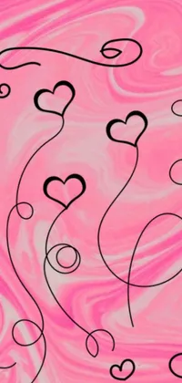 Introducing a lively and eye-catching phone live wallpaper featuring a beautiful pink and black swirly background with scattered hearts