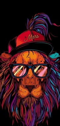 Looking for a fun and vibrant phone wallpaper? Look no further than this HD live wallpaper featuring a cool lion wearing sunglasses and a hat