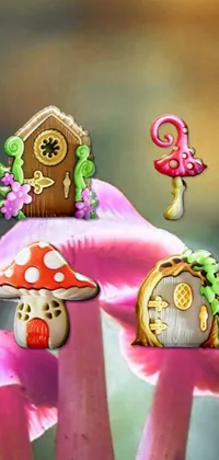 This striking live wallpaper for your phone showcases a close-up view of a mushroom with a candy-inspired décor and a charming house sitting on top