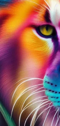 This phone live wallpaper features a colorful close-up of a lion's face created through airbrush painting