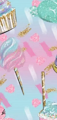 Looking for a trendy live wallpaper for your phone? Check out this digital art design featuring a beautiful assortment of cakes and cupcakes on a pink and blue background