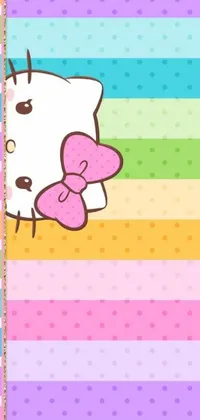 This phone live wallpaper features a cute hello kitty design with a pink bow, color field, rainbow color scheme, and playful animated characters