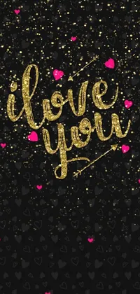 This stunning live wallpaper features a black background adorned with colorful hearts floating around the screen, set against a glitter background