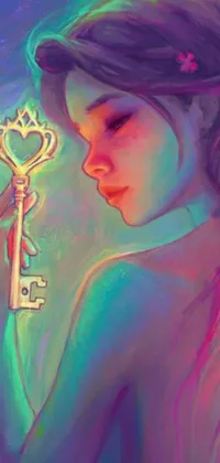 This phone live wallpaper portrays a fascinating painting of a mysterious woman holding a vintage key against a pastel-background