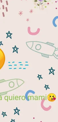 Get a lively and playful phone live wallpaper with emoticons in different sizes and colors, Enguerrand Quarton art as a backdrop, a rocket ship and a Colombian message