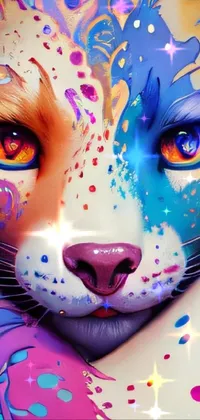This stunning phone live wallpaper features a highly detailed airbrush painting of a colorful cat's face