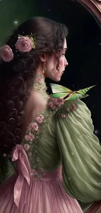 This enchanting phone live wallpaper showcases a stunning painting of a green-dressed woman