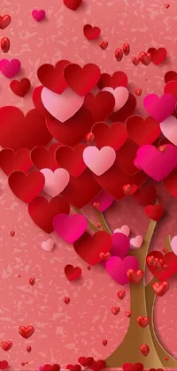 This live phone wallpaper features a charming pink background with a tree made of overlapping paper hearts, delicately outlined with vector art