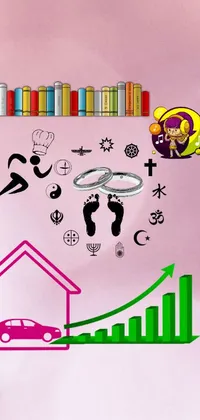 This phone live wallpaper showcases a charming house drawing with various symbols and infographics integrated into it
