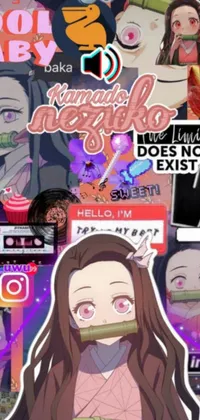 This lively phone live wallpaper features a stunningly illustrated anime girl with long hair standing among colorful stickers and graffiti
