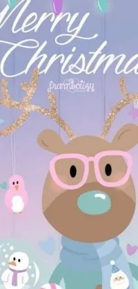 This lively phone wallpaper depicts a festive Christmas theme featuring a cute reindeer wearing glasses with a fun, cheerful vibe