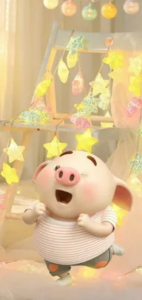 This lively live wallpaper features a cheerful pig with a bouncy belly and curly tail standing by a ladder