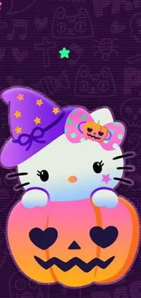 This live wallpaper for phones features a playful design with a cute Hello Kitty character sitting on a pumpkin