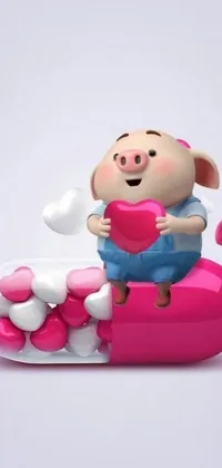 This phone live wallpaper features a playful and colorful design of a pink pill with a cute pig sitting on top of it