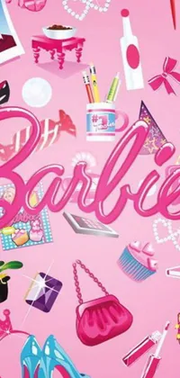 Looking for a vibrant and playful live wallpaper for your phone? Check out this fun design inspired by Barbie! Featuring a bright pink background adorned with various Barbie items like dolls, shoes, lipstick, and purses, this wallpaper is perfect for anyone who loves bold and colorful designs