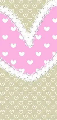 Looking for a stunning phone live wallpaper? Check out this beautiful design featuring a pink heart with white hearts on a beige background! This romantic picture is perfect for fans of Tumblr and digital art, with green and pink fabric accents and lacey detailing