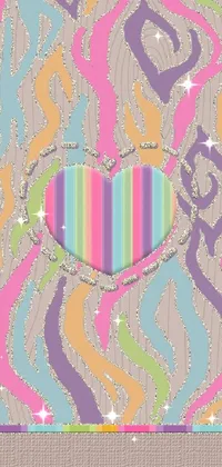 This live wallpaper showcases a multi-colored heart on a lively background with stripes in various colors, surrounded by playful shapes, glitter, and neon lights