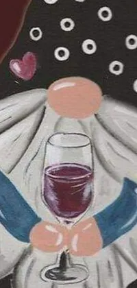 This lively phone wallpaper depicts a gnome holding a glass of wine in a close-up folk art painting