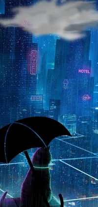 This cyberpunk-inspired live wallpaper features a stylized image of someone sitting on a rain-soaked ledge in a neon cityscape, holding an open umbrella