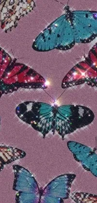 Looking for a stunning live wallpaper to jazz up your phone screen? Look no further than this colorful butterfly design! Created in the kitsch movement style, this wallpaper features a large group of beautifully detailed butterflies set against a bright pink background