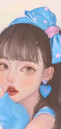 This lovely phone live wallpaper features a charming anime illustration of a girl with a blue bow in her hair