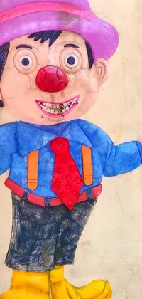 This phone live wallpaper showcases a playful clown painted in pop surrealism style on a building