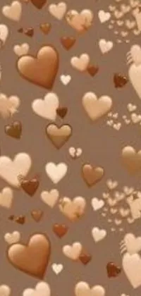 Enhance your phone display with this delightful live wallpaper featuring a group of digital art hearts on a light brown background with copper accents