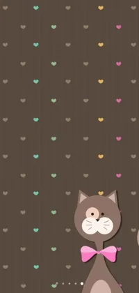 This phone live wallpaper shows a minimalistic design of a cat next to scissors in shades of brown with scattered hearts