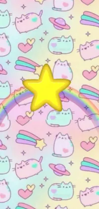 If you're looking for a fun and magical live wallpaper for your phone, this one is sure to delight! Featuring a bright yellow color scheme and whimsical design, the central focus of the wallpaper is a glowing star surrounded by playful cats and rainbows