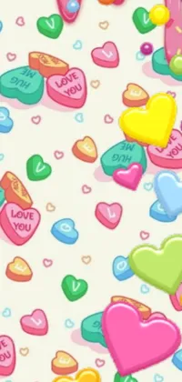 This phone live wallpaper features a playful design with lots of candy hearts in pink, purple, and blue shades placed on a white background