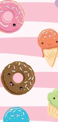 This lively phone live wallpaper features a group of vibrant donuts covered in sprinkles set against a pink and white striped backdrop