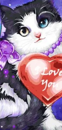This live wallpaper showcases an adorable black and white feline holding a heart