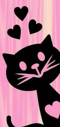 This adorable phone live wallpaper features a black cat surrounded by charming pink hearts