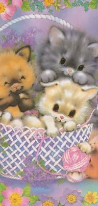 This phone live wallpaper features an adorable painting of three fluffy kittens snuggled up in a cozy basket