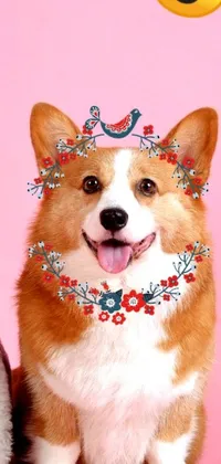 This phone live wallpaper features a colorful image of two dogs sitting together, surrounded by blooming flowers including cherry blossoms, daisies, and Japanese snowflake flowers