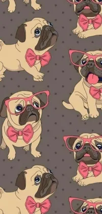 This live wallpaper showcases an adorable group of pug dogs sporting glasses and bow ties in vector art