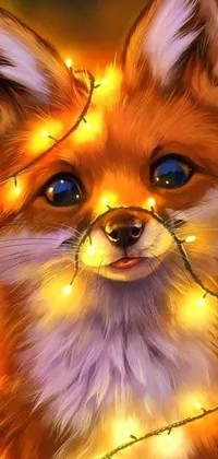 This live wallpaper showcases a stunning ultra-realistic digital painting of a fox surrounded by Christmas lights