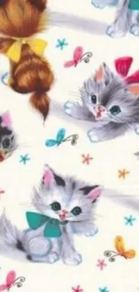This phone live wallpaper features a cute group of kittens on a white background