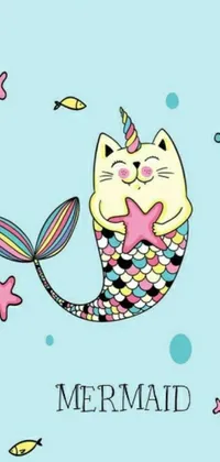 This quirky phone live wallpaper features a cartoon cat mermaid with an eye-catching starfish tail