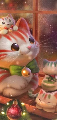 This live wallpaper features a furry art painting of a cat sitting on a windowsill during Christmas night
