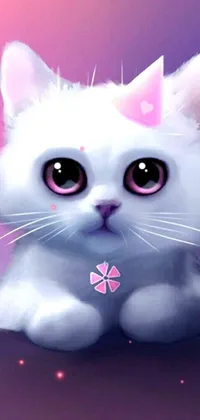 This phone live wallpaper features a cute white cat with a pink bow on its head, in a stunning digital rendering found on DeviantArt