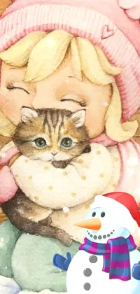 This live phone wallpaper puts you in a cozy home setting with a heartwarming watercolor painting of a little girl holding a cat