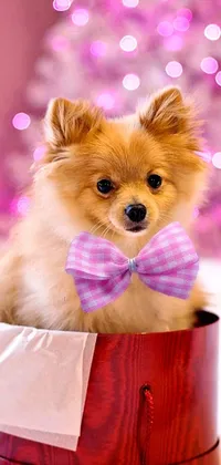 This live wallpaper for your phone is a delightful pastel of a cute pomeranian dog wearing a dapper bow tie, sitting inside a box