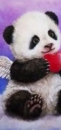 This charming live phone wallpaper boasts a delightful painting of an adorable panda bear cradling a heart
