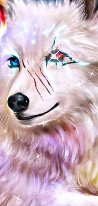 This phone live wallpaper features a digital painting of a white wolf with blue eyes standing in a snowy wilderness
