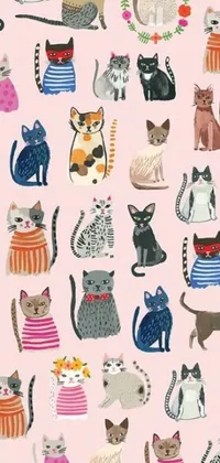 Looking for a playful and whimsical design for your phone wallpaper? Check out this group of cats on a soft pink background