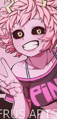 This phone live wallpaper showcases a colorful and dynamic girl with pink hair proudly displaying a peace sign