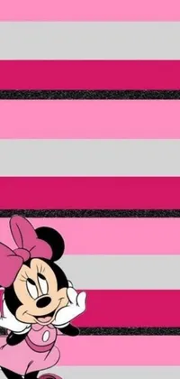 This live wallpaper features a cute and iconic Minnie Mouse character on a pink striped background, with a mixture of magenta and gray hues creating a chic and sleek appearance