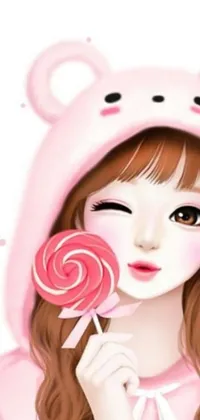 Get ready to liven up your phone with this charming live wallpaper! This delightful artwork sports an adorable Korean young girl dressed in a cute pink hoodie while holding a sweet lollipop