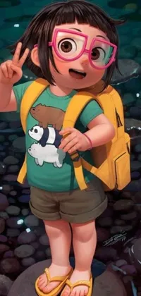 This live wallpaper for phones features a highly detailed painting of a girl wearing glasses and carrying a backpack